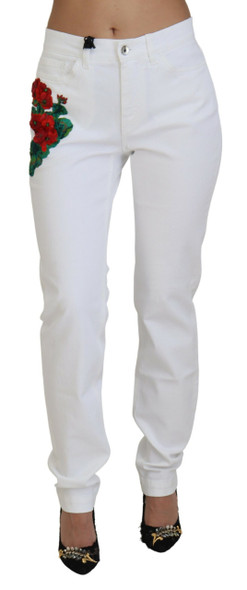 White Floral Embroidery Skinny Denim Jeans White Floral Embroidery Skinny Denim Jeans