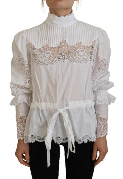 Dolce & Gabbana White Cotton Lace Trim Turtle Neck Blouse Top Dolce & Gabbana White Cotton Lace Trim Turtle Neck Blouse Top