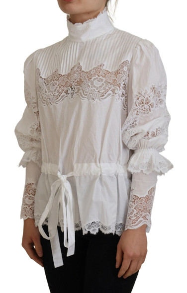 White Cotton Lace Trim Turtle Neck Blouse Top White Cotton Lace Trim Turtle Neck Blouse Top