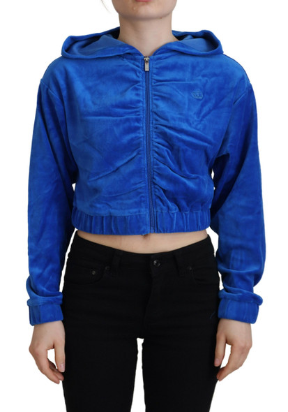 Blue Cotton Full Zip Cropped Hooded Sweatshirt Sweater Blue Cotton Full Zip Cropped Hooded Sweatshirt Sweater