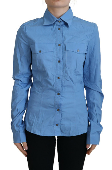 Blue Cotton Long Sleeves Collared Button Down Top Blue Cotton Long Sleeves Collared Button Down Top