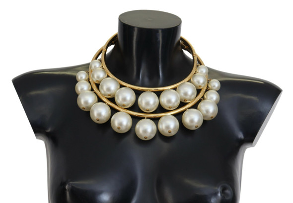 White Faux Pearl Embellished Brass Choker Necklace White Faux Pearl Embellished Brass Choker Necklace