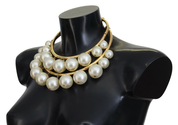 White Faux Pearl Embellished Brass Choker Necklace White Faux Pearl Embellished Brass Choker Necklace