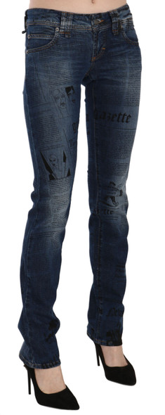 Blue Newspaper Print Low Waist Skinny Denim Pants Blue Newspaper Print Low Waist Skinny Denim Pants