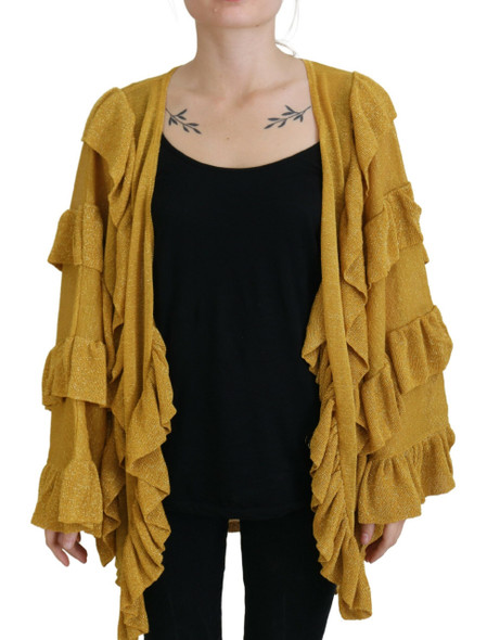Gold Long Sleeves Ruffled Women Cardigan Sweater Gold Long Sleeves Ruffled Women Cardigan Sweater