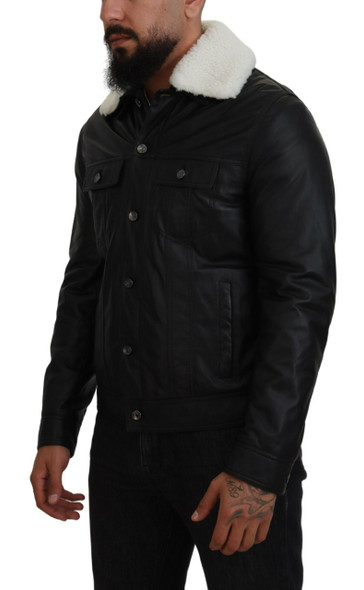 Dolce & Gabbana Black Lamb Leather Collared Men Coat Jacket JKT3597 Dolce & Gabbana Black Lamb Leather Collared Men Coat Jacket JKT3597