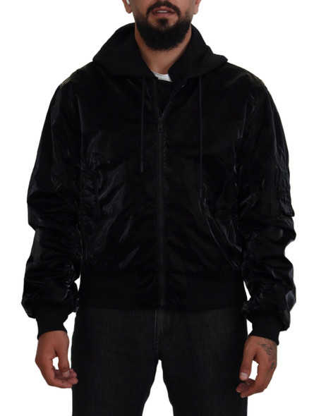 Black Nylon Hooded Full Zip Bomber Jacket Black Nylon Hooded Full Zip Bomber Jacket