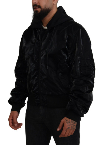 Black Nylon Hooded Full Zip Bomber Jacket Black Nylon Hooded Full Zip Bomber Jacket