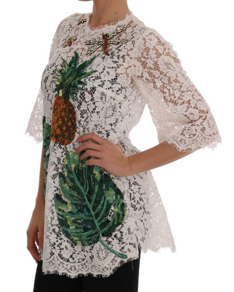 Dolce & Gabbana White Crystal Embellished Lace Blouse Dolce & Gabbana White Crystal Embellished Lace Blouse