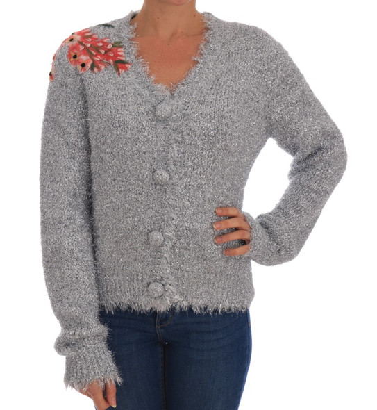 Silver Cardigan Floral Applique Sweater Silver Cardigan Floral Applique Sweater