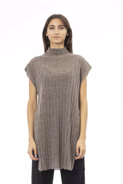 Alpha Studio Brown Wool Women Sweater with Turtleneck and Side Slits Alpha Studio Brown Wool Women Sweater with Turtleneck and Side Slits
