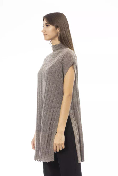 Alpha Studio Brown Wool Women Sweater with Turtleneck and Side Slits Alpha Studio Brown Wool Women Sweater with Turtleneck and Side Slits