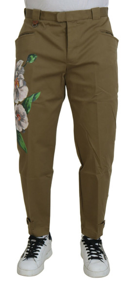 Beige Cotton Stretch Floral Chinos Pants Beige Cotton Stretch Floral Chinos Pants