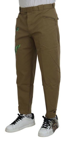 Beige Cotton Stretch Floral Chinos Pants Beige Cotton Stretch Floral Chinos Pants