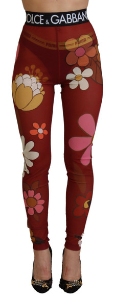 Dolce & Gabbana Red Floral Leggings Stretch Waist Pants Dolce & Gabbana Red Floral Leggings Stretch Waist Pants