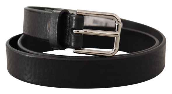 Black Calf Leather Silver Tone Logo Metal Buckle Belt Black Calf Leather Silver Tone Logo Metal Buckle Belt