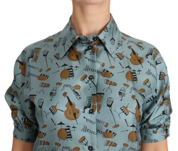 Multicolor Musical Instruments Silk Short sleeve Shirt Multicolor Musical Instruments Silk Short sleeve Shirt