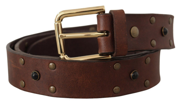 Brown Leather Studded Gold Tone Metal Buckle Belt Brown Leather Studded Gold Tone Metal Buckle Belt