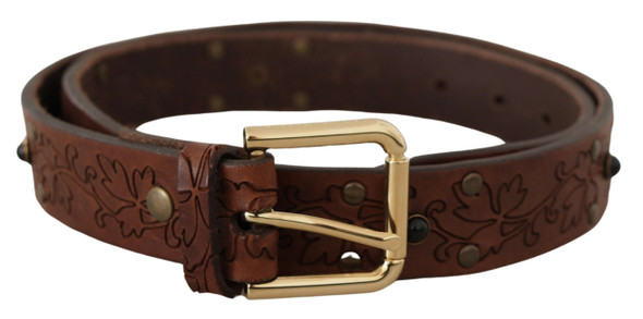 Brown Leather Floral Studded Metal Buckle Belt Brown Leather Floral Studded Metal Buckle Belt