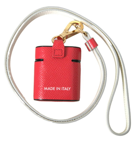 Red Leather Gold Tone Metal Logo Print Strap Airpods Case Red Leather Gold Tone Metal Logo Print Strap Airpods Case