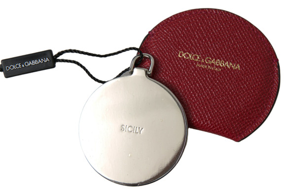 Red Calfskin Leather Round Hand Mirror Holder Red Calfskin Leather Round Hand Mirror Holder