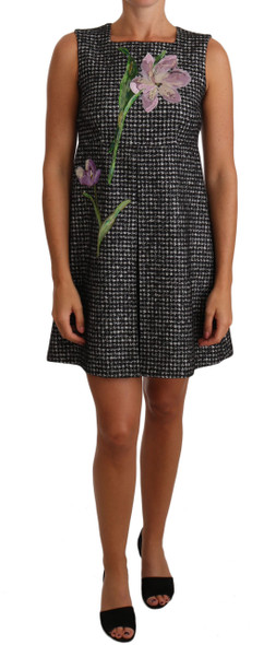Gray Houndstooth Floral Appliqué Shift Mini Dress Gray Houndstooth Floral Appliqué Shift Mini Dress
