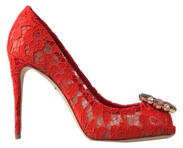 Dolce & Gabbana Red Taormina Lace Crystal Heels Pumps Shoes Dolce & Gabbana Red Taormina Lace Crystal Heels Pumps Shoes
