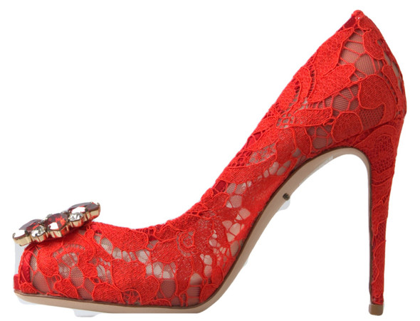 Dolce & Gabbana Red Taormina Lace Crystal Heels Pumps Shoes Dolce & Gabbana Red Taormina Lace Crystal Heels Pumps Shoes