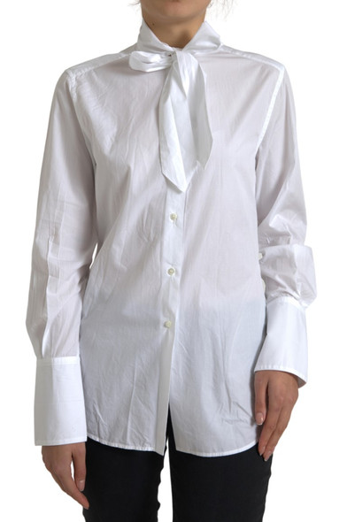 Dolce & Gabbana White Cotton Ascot Collar Long Sleeves Top Dolce & Gabbana White Cotton Ascot Collar Long Sleeves Top