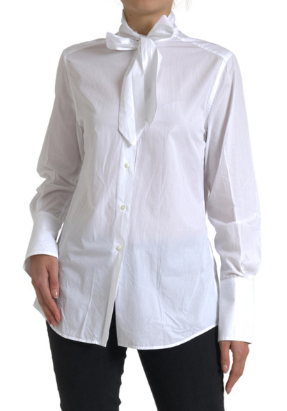 White Cotton Ascot Collar Long Sleeves Top White Cotton Ascot Collar Long Sleeves Top