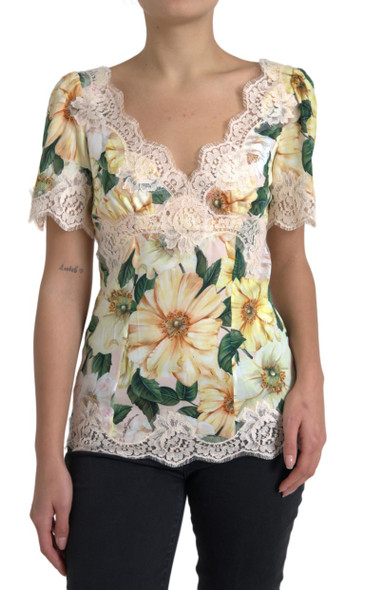 Dolce & Gabbana Multicolor Floral Lace V Neck Blouse Dolce & Gabbana Multicolor Floral Lace V Neck Blouse