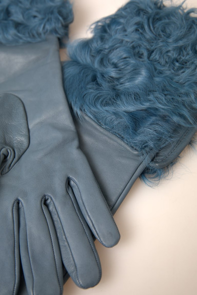 Blue Leather Fur Mid Arm Length Gloves Blue Leather Fur Mid Arm Length Gloves