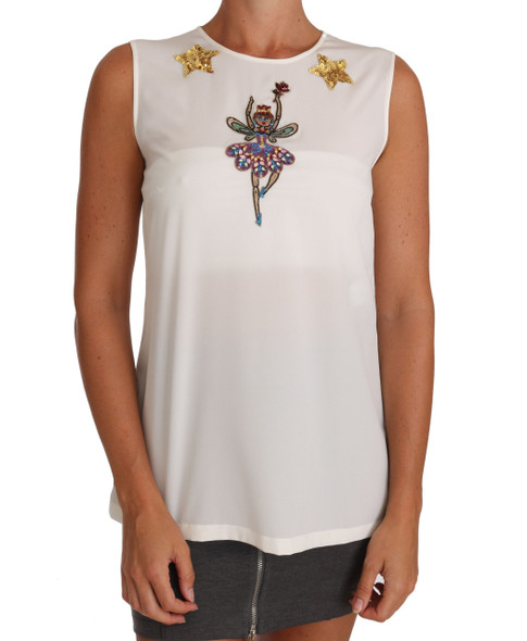 Dolce & Gabbana White Silk Embellished Crystal Sequin Fairy Top Dolce & Gabbana White Silk Embellished Crystal Sequin Fairy Top