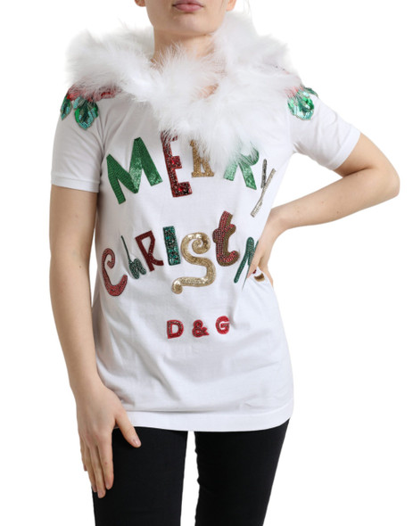 Dolce & Gabbana White Cotton Christmas Sequin Fur T-shirt Dolce & Gabbana White Cotton Christmas Sequin Fur T-shirt