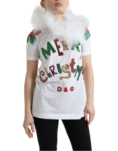 Dolce & Gabbana White Cotton Christmas Sequin Fur T-shirt Dolce & Gabbana White Cotton Christmas Sequin Fur T-shirt