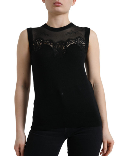 Dolce & Gabbana Black Cashmere Lace Trim Sleeveless Tank Top Dolce & Gabbana Black Cashmere Lace Trim Sleeveless Tank Top