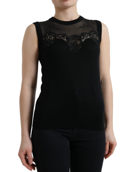 Dolce & Gabbana Black Cashmere Lace Trim Sleeveless Tank Top Dolce & Gabbana Black Cashmere Lace Trim Sleeveless Tank Top