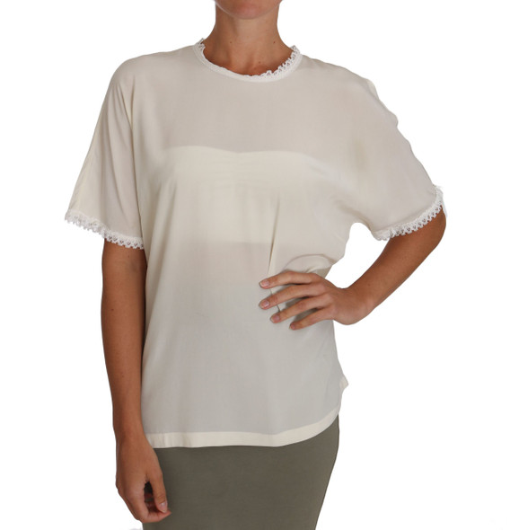 White Cream Silk Lace Top Blouse T-Shirt White Cream Silk Lace Top Blouse T-Shirt