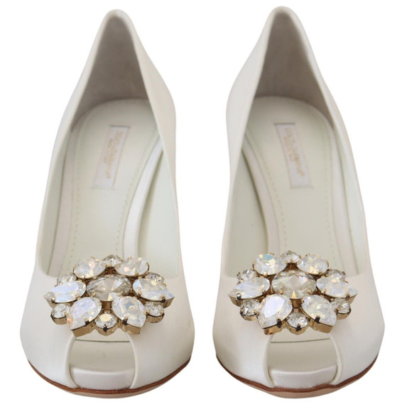 White Crystals Peep Toe Heel Satin Pumps White Crystals Peep Toe Heel Satin Pumps