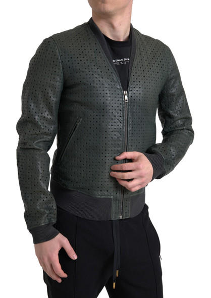Green Perforated Leather Bomber Jacket Green Perforated Leather Bomber Jacket