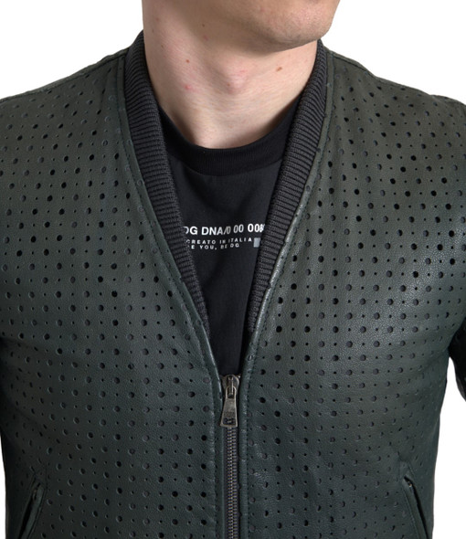 Green Perforated Leather Bomber Jacket Green Perforated Leather Bomber Jacket