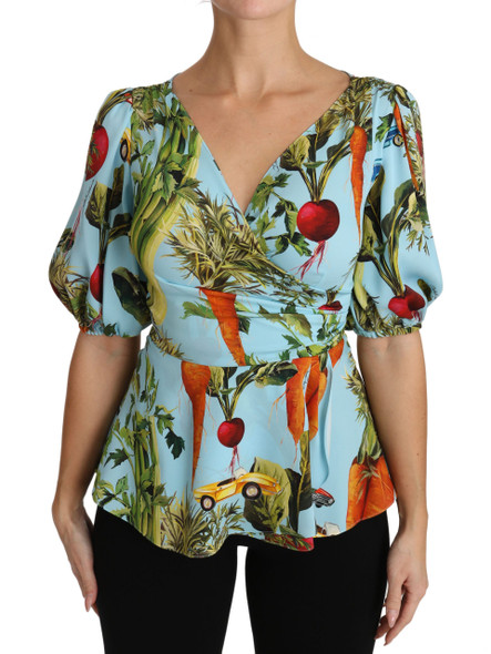 Multicolor Vegetable Print Silk Top Peplum Wrap Blouse Multicolor Vegetable Print Silk Top Peplum Wrap Blouse