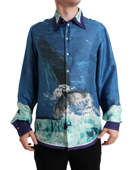 Dolce & Gabbana Blue Ocean Print Silk Collared Button Down Shirt Dolce & Gabbana Blue Ocean Print Silk Collared Button Down Shirt