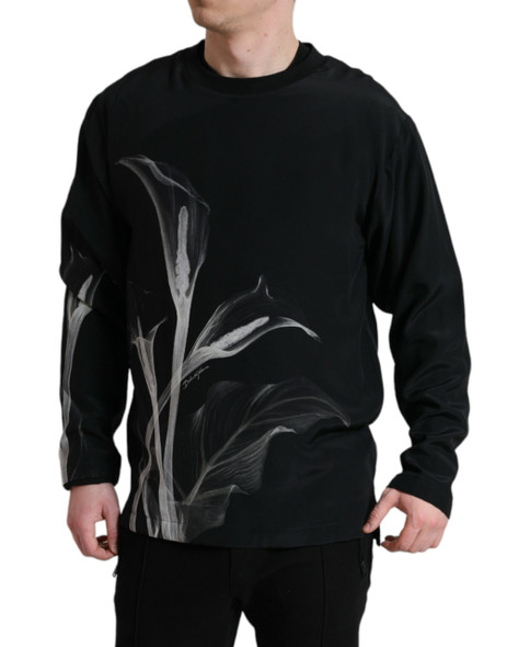 Black Floral Print Crewneck Pullover Sweater Black Floral Print Crewneck Pullover Sweater