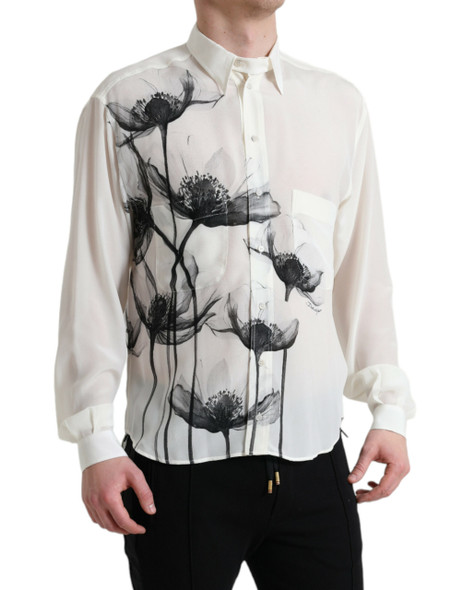 Dolce & Gabbana White Floral Collared Dress Silk Shirt Dolce & Gabbana White Floral Collared Dress Silk Shirt