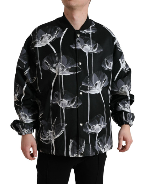 Dolce & Gabbana Black Floral Print Wool Button Down Bomber Jacket Dolce & Gabbana Black Floral Print Wool Button Down Bomber Jacket