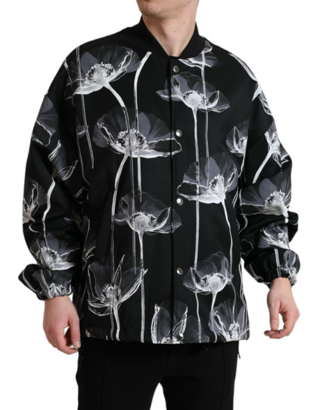 Dolce & Gabbana Black Floral Print Wool Button Down Bomber Jacket Dolce & Gabbana Black Floral Print Wool Button Down Bomber Jacket