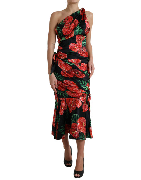 Black Shiny Silk Floral Print Draped Dress DR28989 Black Shiny Silk Floral Print Draped Dress DR28989