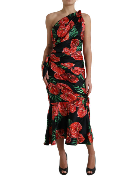 Black Shiny Silk Floral Print Draped Dress DR28989 Black Shiny Silk Floral Print Draped Dress DR28989