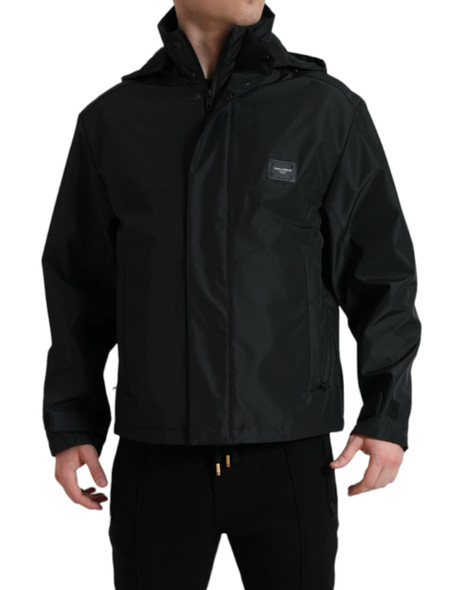 Black Polyester Logo Plaque Hooded Jacket Black Polyester Logo Plaque Hooded Jacket